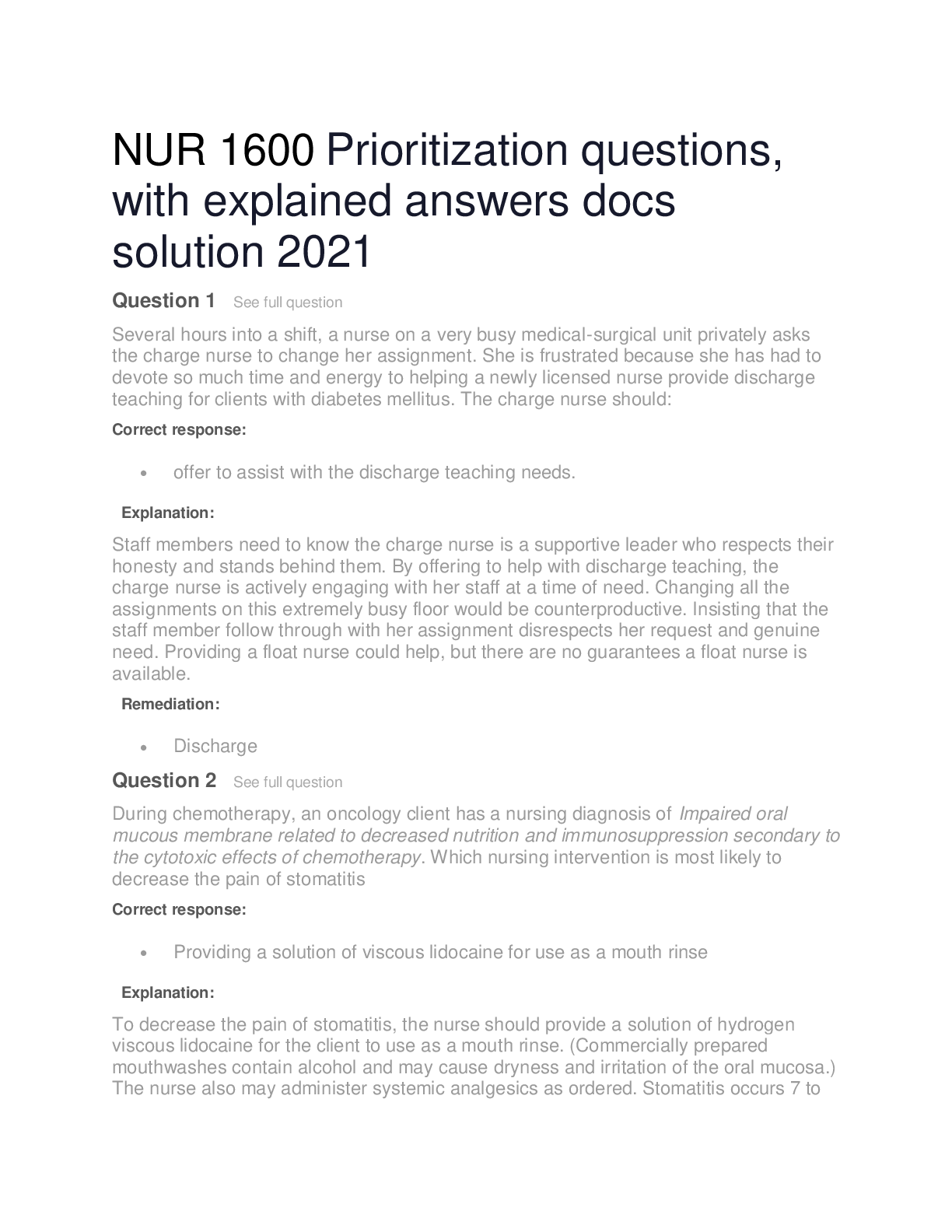 Preview image of NUR 1600 Prioritization questions, with explained answers docs solution 2021 document